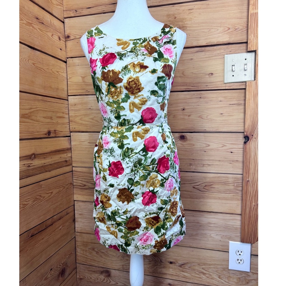 XXI Forever 21 Floral Rose Print Bow Shoulder Sheath Dress Cream Pink S7110